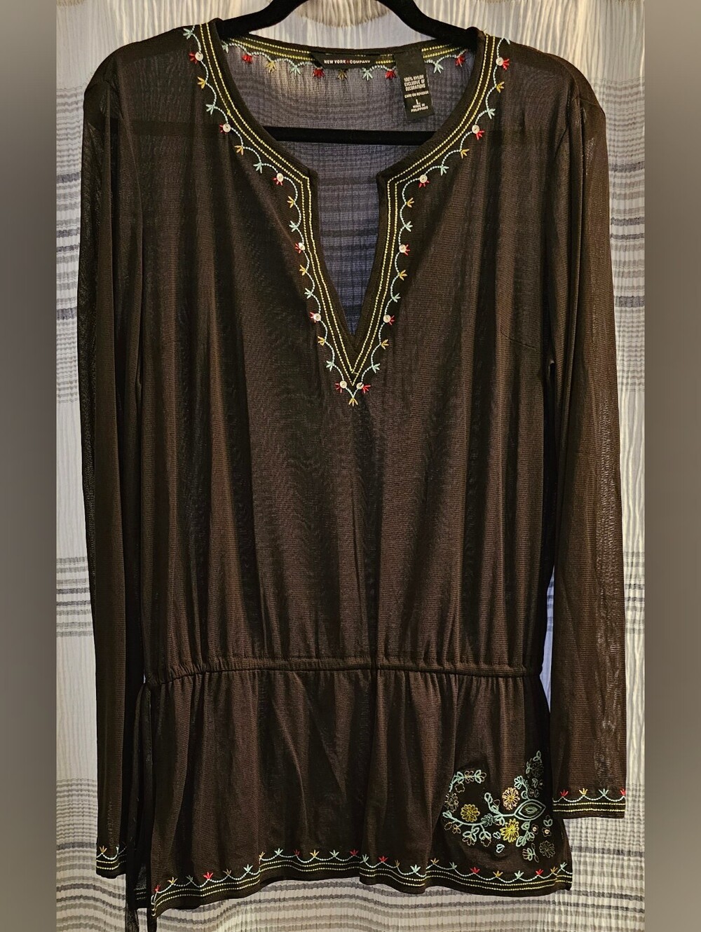 New York & Company Dark Brown Sheer Top with Multicolor Floral Embroidery